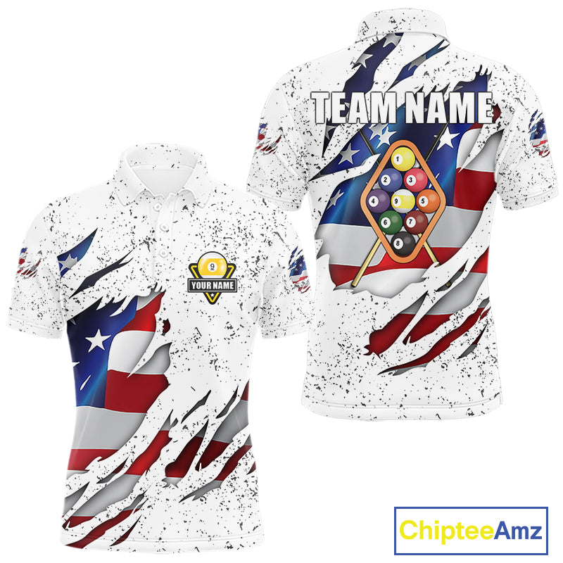 9 Ball Pool US Flag White Grunge Custom Men's Billiard Shirt, Patriotic Billiard Team Jersey TDM5138