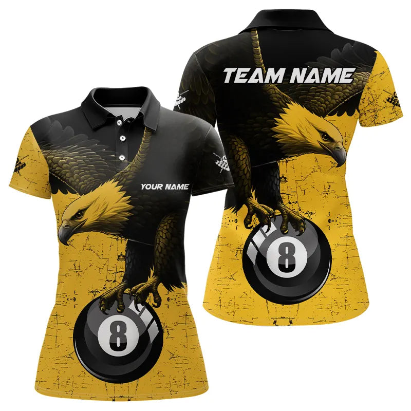 Personalized Yellow Black Eagle 8 Ball Pool Billiard Shirts For Women Custom Cool Billiard Jerseys TDM3358