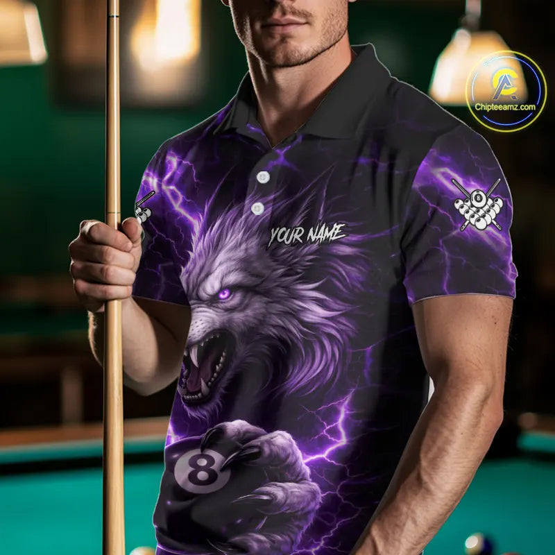 Purple 8 Ball Pool Wolf Lightning Billiard Shirt For Men Custom Billiard Team Jersey Polo & 1/4 Zip TDM5613