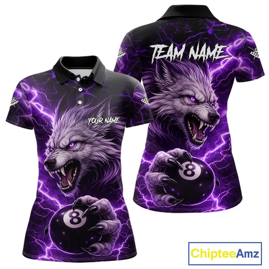 Purple 8 Ball Pool Wolf Lightning Billiard Shirt For Women Custom Billiard Team Jersey Polo & 1/4 Zip TDM5613