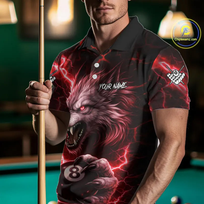 Red 8 Ball Pool Wolf Lightning Billiard Shirt For Men Custom Billiard Team Jersey Polo & 1/4 Zip TDM5614
