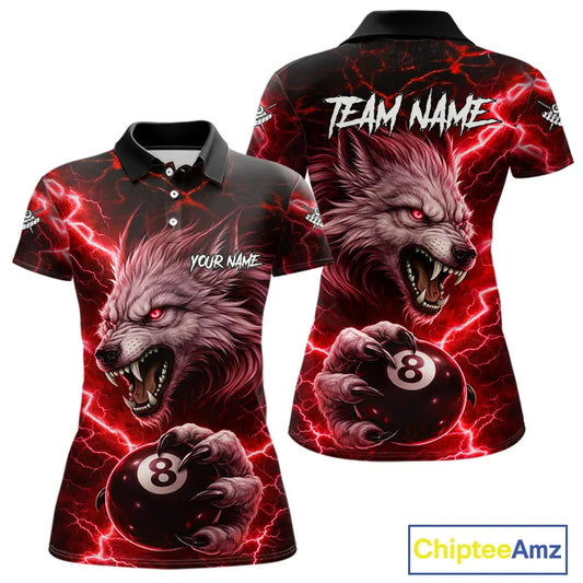 Red 8 Ball Pool Wolf Lightning Billiard Shirt For Women Custom Billiard Team Jersey Polo & 1/4 Zip TDM5614