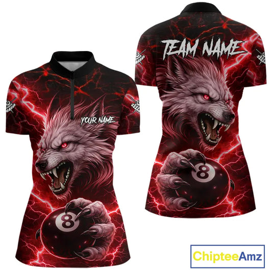 Red 8 Ball Pool Wolf Lightning Billiard Shirt For Women Custom Billiard Team Jersey Polo & 1/4 Zip TDM5614
