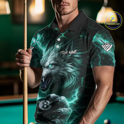 Turquoise 8 Ball Pool Wolf Lightning Billiard Shirt For Men Custom Billiard Jersey Polo & 1/4 Zip TDM5615