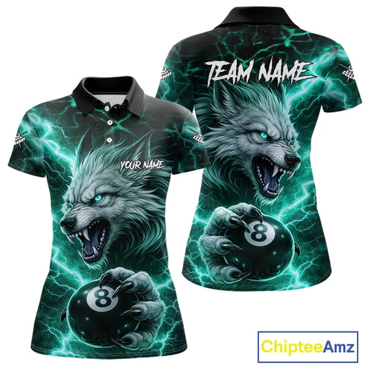 Turquoise 8 Ball Pool Wolf Lightning Billiard Shirt For Women Custom Billiard Jersey Polo & 1/4 Zip TDM5615