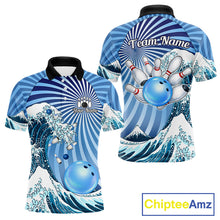 Load image into Gallery viewer, Custom Blue Funny Waves Ocean Bowling Shirt For Men, Bowling Team Jersey Polo &amp; 1/4 Zip TDM6223