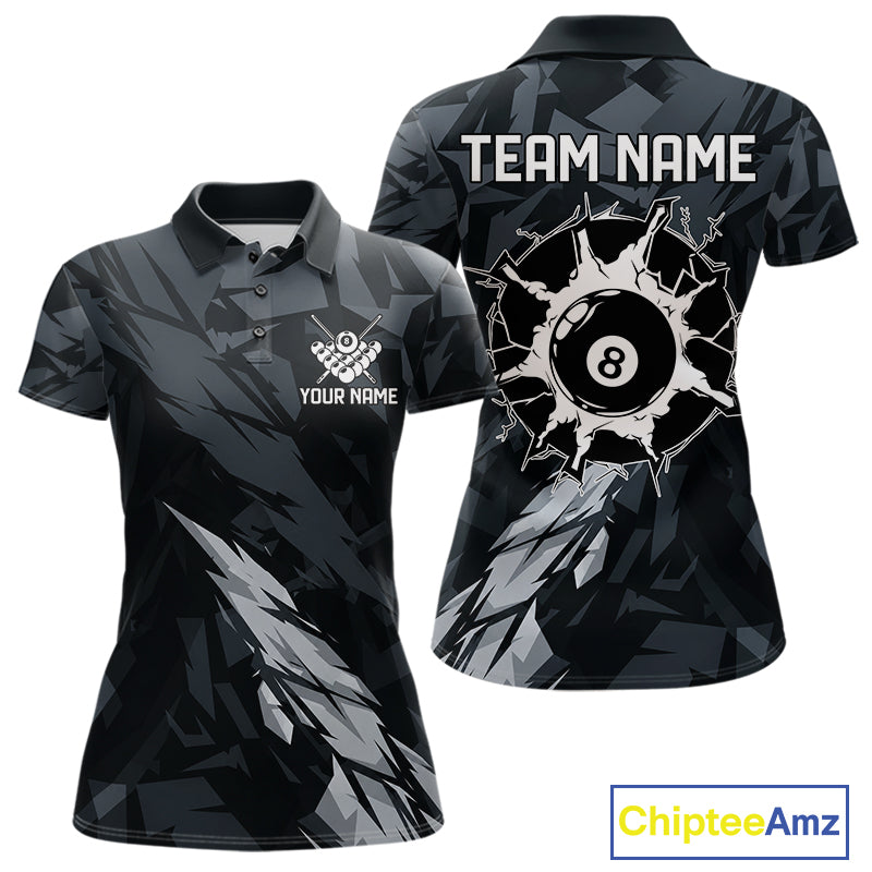 Women’s black and grey 8 ball pool polo shirt with modern billiard league graphics.