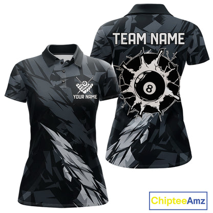 Women’s black and grey 8 ball pool polo shirt with modern billiard league graphics.