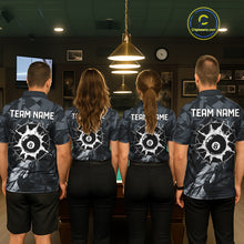 Load image into Gallery viewer, Back view of pool players wearing black and grey billiard shirts in a game room.