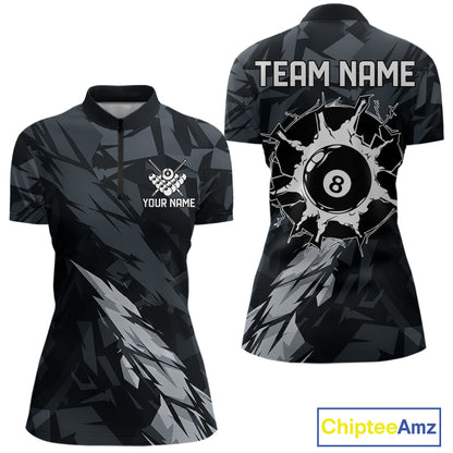 Women’s black and grey 8 ball billiard quarter zip shirt for competitive pool tournaments.