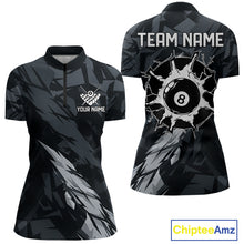 Load image into Gallery viewer, Women’s black and grey 8 ball billiard quarter zip shirt for competitive pool tournaments.