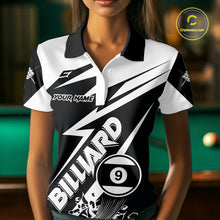 Load image into Gallery viewer, Woman wearing a funny black and white 9 ball billiard jersey beside a pool table front view.
