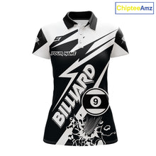 Load image into Gallery viewer, Women’s funny black and white 9 ball pool polo shirt with playful billiard team graphics.