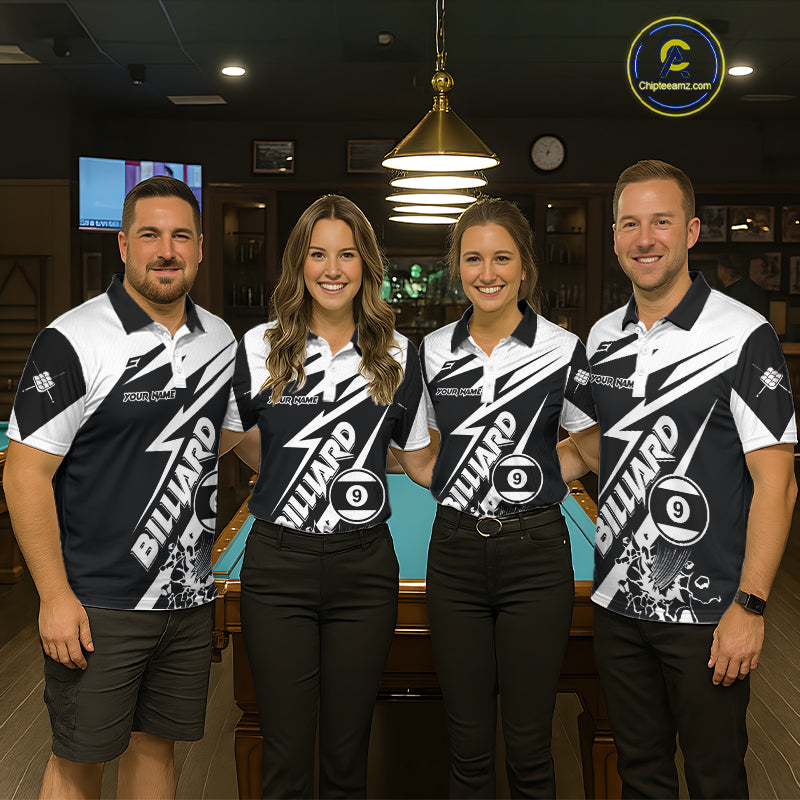 Pool team wearing matching funny 9 ball billiard jerseys during league play front view.