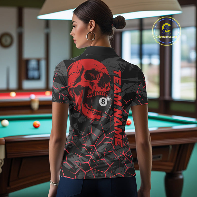 Back view of woman wearing a red skull pool team shirt in a billiards hall.