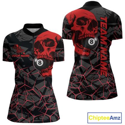 Women’s red skull 8 ball billiard quarter zip shirt designed for competitive pool matches.
