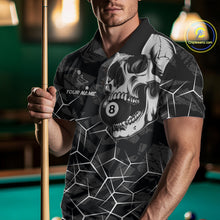 Load image into Gallery viewer, Man wearing a black and white skull billiard jersey beside a pool table front view.