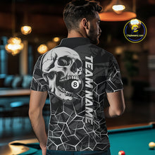Load image into Gallery viewer, Back view of man wearing a black and white pool team shirt in a billiards hall.