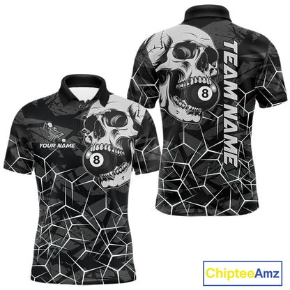 Men’s black and white 8 ball skull pool polo shirt with monochrome billiard team graphics.
