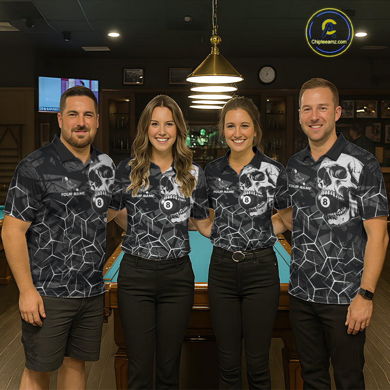 Pool team wearing matching black and white skull billiard jerseys during league play front view.