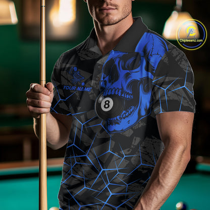 Man wearing a blue skull 8 ball billiard jersey beside a pool table front view.