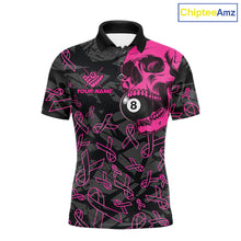 Load image into Gallery viewer, Men’s pink ribbon skull 8 ball pool polo shirt for breast cancer awareness events and league play.