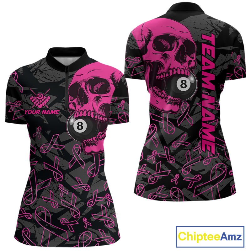 Women’s pink ribbon skull billiard quarter zip shirt designed for tournaments and awareness team matches.
