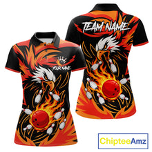 Load image into Gallery viewer, Black and orange flame eagle bowling polo shirt for women, custom bowling team jersey.