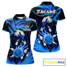Load image into Gallery viewer, Black and blue flame eagle bowling polo shirt for women, custom bowling team jersey.