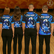 Load image into Gallery viewer, Bowling team wearing matching black and blue flame eagle jerseys back view.