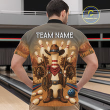 Load image into Gallery viewer, Man wearing funny cowboy bowling quarter zip shirt back view.