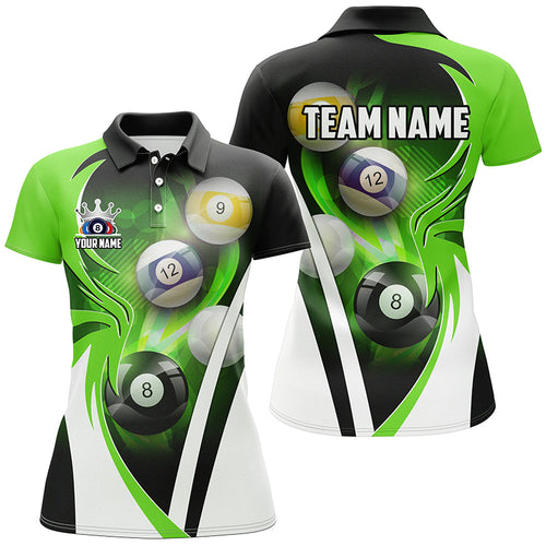 Personalized Billiard Tournament Shirts For Women Custom Team Name Billiard Balls Pool Jerseys |Green TDM2889