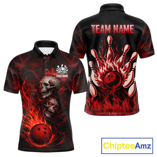 Red Flaming Skull Bowling Shirts For Men Custom Fire Bowling Team Jersey Polo & Quarter Zip TDM5617