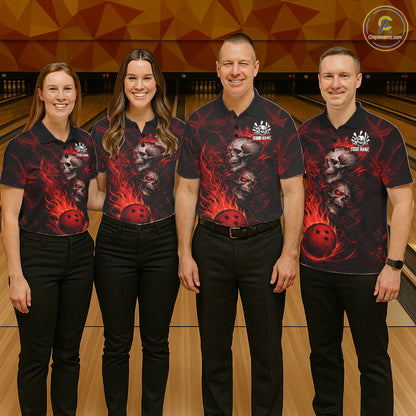 Red Flaming Skull Bowling Shirts For Men Custom Fire Bowling Team Jersey Polo & Quarter Zip TDM5617