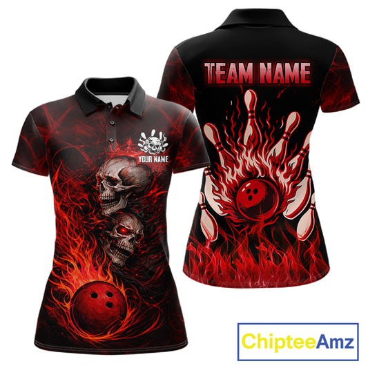 Red Flaming Skull Bowling Shirts For Women Custom Fire Bowling Team Jersey Polo & Quarter Zip TDM5617