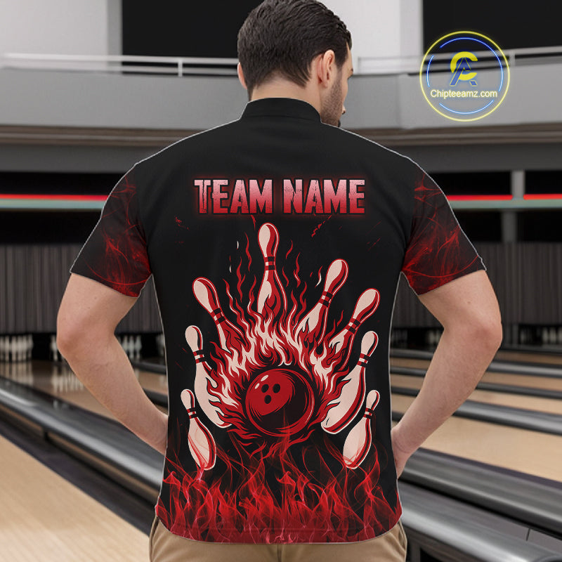 Red Flaming Skull Bowling Shirts For Men Custom Fire Bowling Team Jersey Polo & Quarter Zip TDM5617