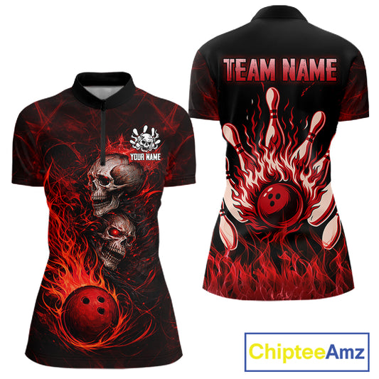 Red Flaming Skull Bowling Shirts For Women Custom Fire Bowling Team Jersey Polo & Quarter Zip TDM5617