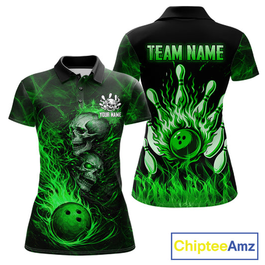 Green Flaming Skull Bowling Shirts For Women Custom Fire Bowling Team Jersey Polo & Quarter Zip TDM5618