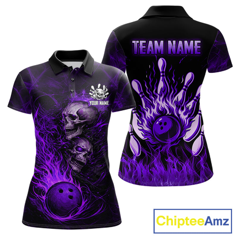 Purple Flaming Skull Bowling Shirts For Women Custom Fire Bowling Team Jersey Polo & Quarter Zip TDM5619