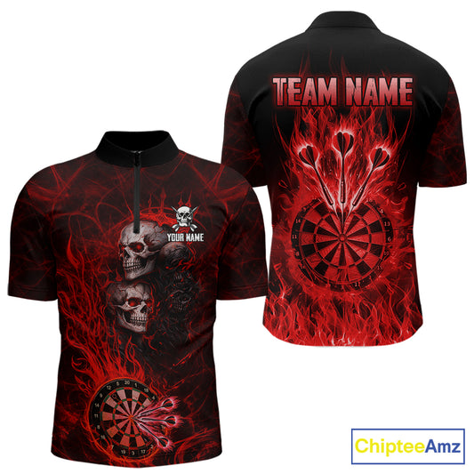 Red Flaming Skull Darts Polo & Quarter Zip Custom Fire Darts Shirt For Men, Darts Team Jersey TDM5620