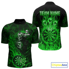 Load image into Gallery viewer, Green Flaming Skull Darts Polo &amp; Quarter Zip Custom Fire Darts Shirt For Men, Darts Team Jersey TDM5621