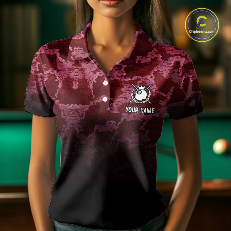 Black And Red Camo US Flag 8 Ball Billiard Shirt For Women Custom Pool Team Jersey Polo & 1/4 Zip TDM5994