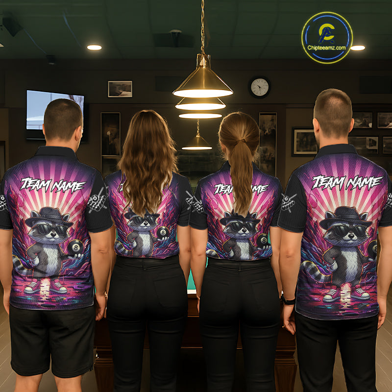 Funny Raccoon 8 Ball Billiard Shirt For Men Custom Pink Graffiti Pool Jersey Team Polo & 1/4 Zip TDM5998