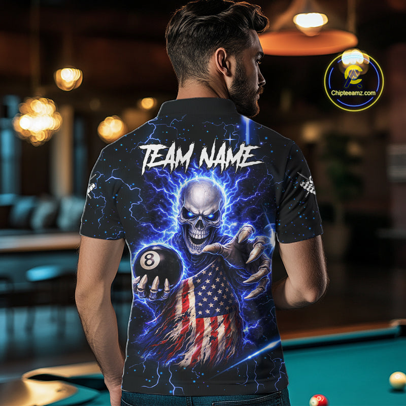 Blue Lightning 8 Ball US Flag Skull Billiard Shirt For Men Custom Pool Team Jersey Polo & 1/4 Zip TDM6230