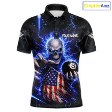 Load image into Gallery viewer, Blue Lightning 8 Ball US Flag Skull Billiard Shirt For Men Custom Pool Team Jersey Polo &amp; 1/4 Zip TDM6230