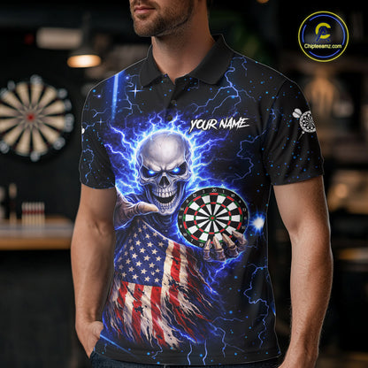 Blue Lightning US Flag Skull Darts Shirt For Men Custom Darts Jersey Team Polo & Quarter Zip TDM6231