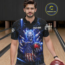 Load image into Gallery viewer, Blue Lightning US Flag Skull Bowling Shirt For Men Custom Bowling Team Jersey Polo &amp; Quarter Zip TDM6232