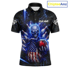 Load image into Gallery viewer, Blue Lightning US Flag Skull Bowling Shirt For Men Custom Bowling Team Jersey Polo &amp; Quarter Zip TDM6232