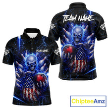 Load image into Gallery viewer, Blue Lightning US Flag Skull Bowling Shirt For Men Custom Bowling Team Jersey Polo &amp; Quarter Zip TDM6232