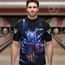 Load image into Gallery viewer, Blue Lightning US Flag Skull Bowling Shirt For Men Custom Bowling Team Jersey Polo &amp; Quarter Zip TDM6232